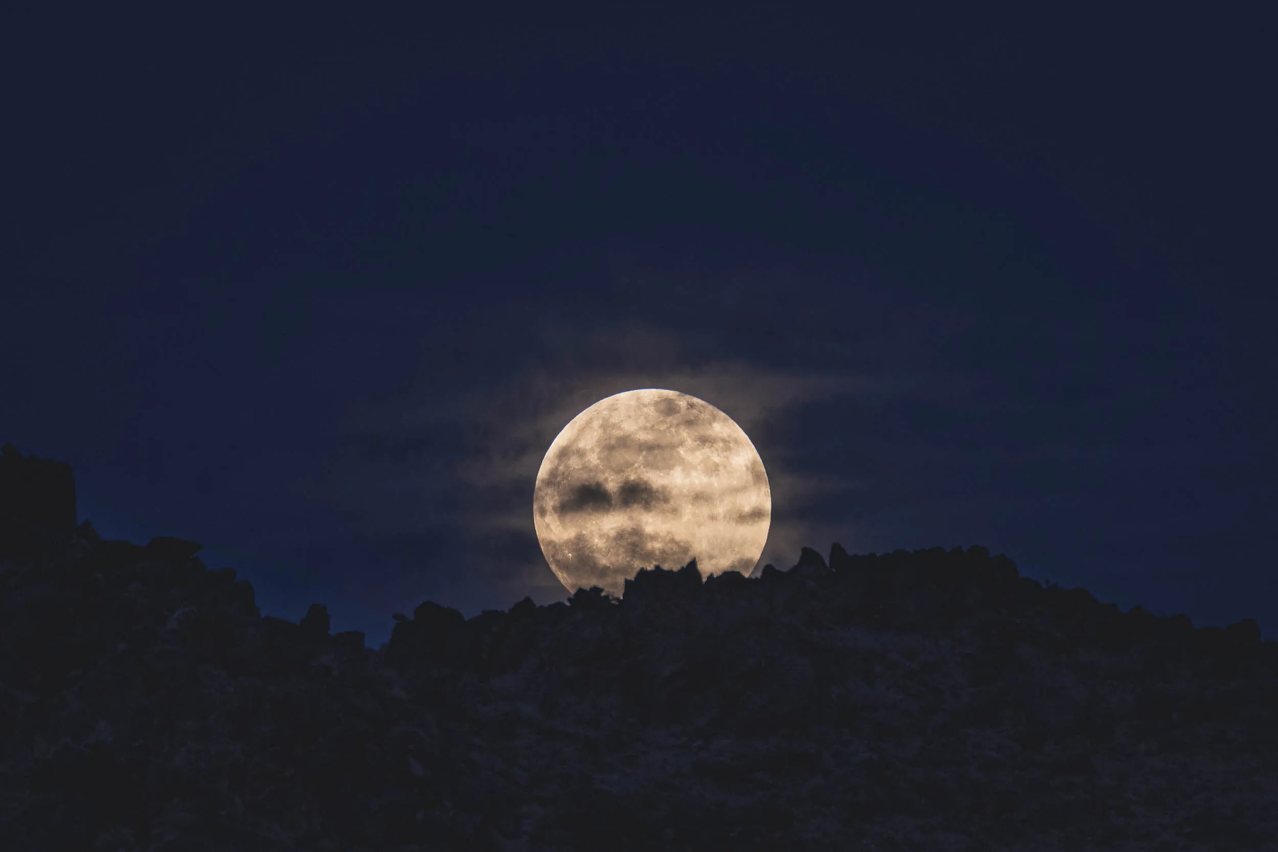 The moon rising over rock formations in Joshua Tree