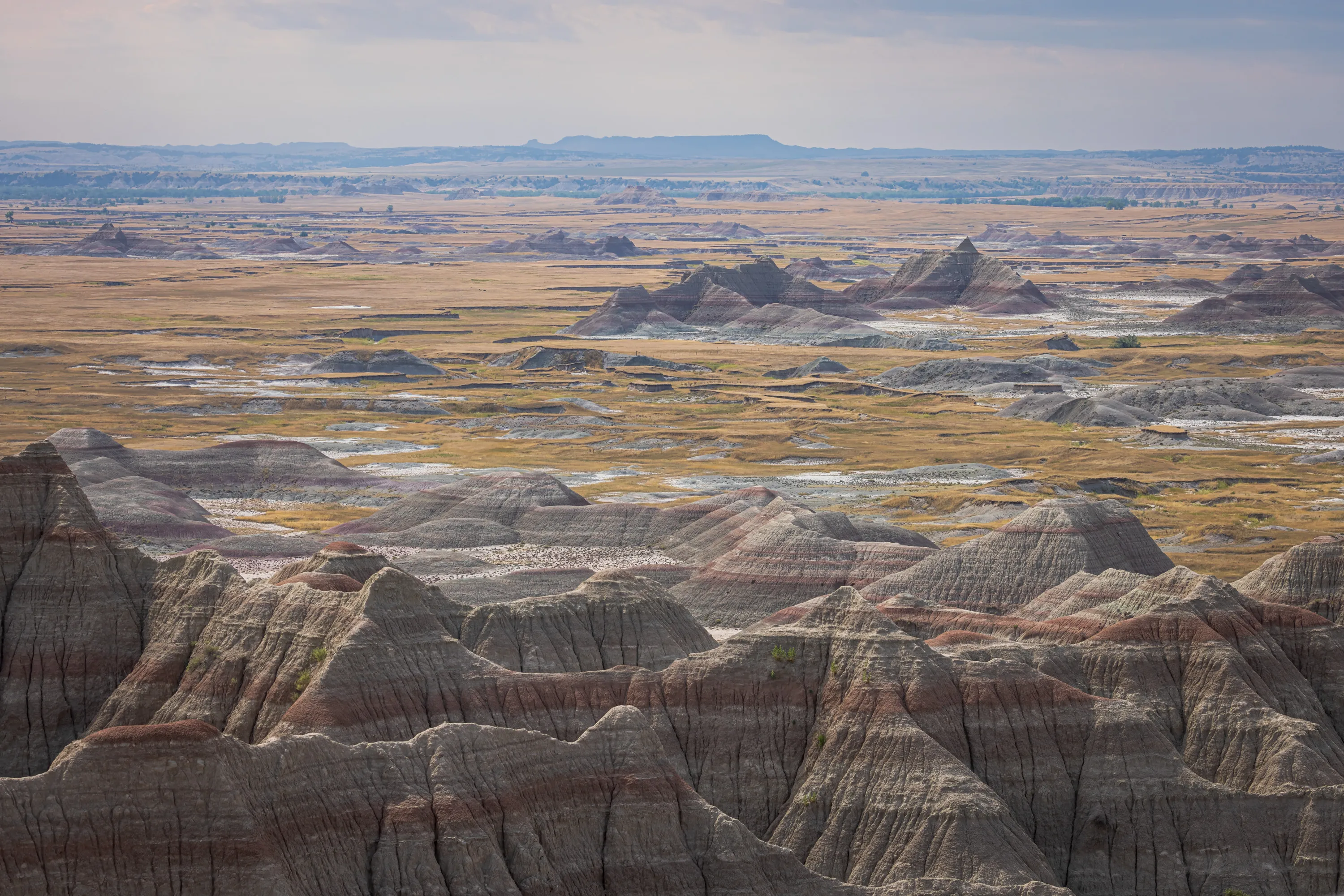 Yellow-green grassland is punctured by occasional rocky hills and rock formations
