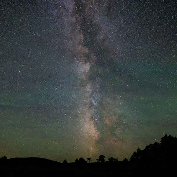 The Milky Way is visible rising from the tree-lined horizon into the dark of the night sky, a clear band of almost infinite stars dense in the sky. A faint green sheen overlays the photo, which is a unique phenomenon called skyglow, visible after dark in only the least light polluted skies on earth.