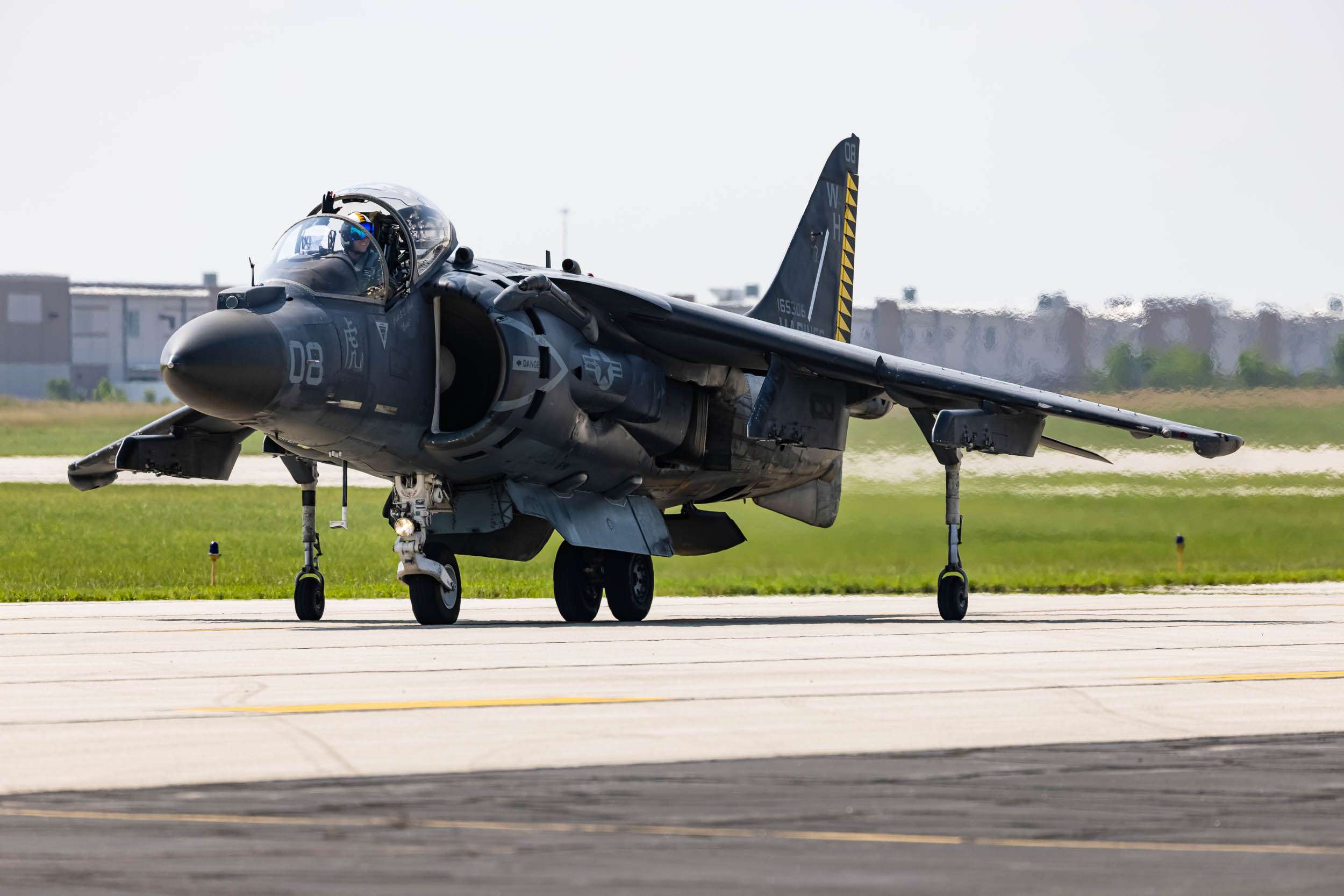 A US Marine Corps AV8-B Harrier jet taxis at an airshow