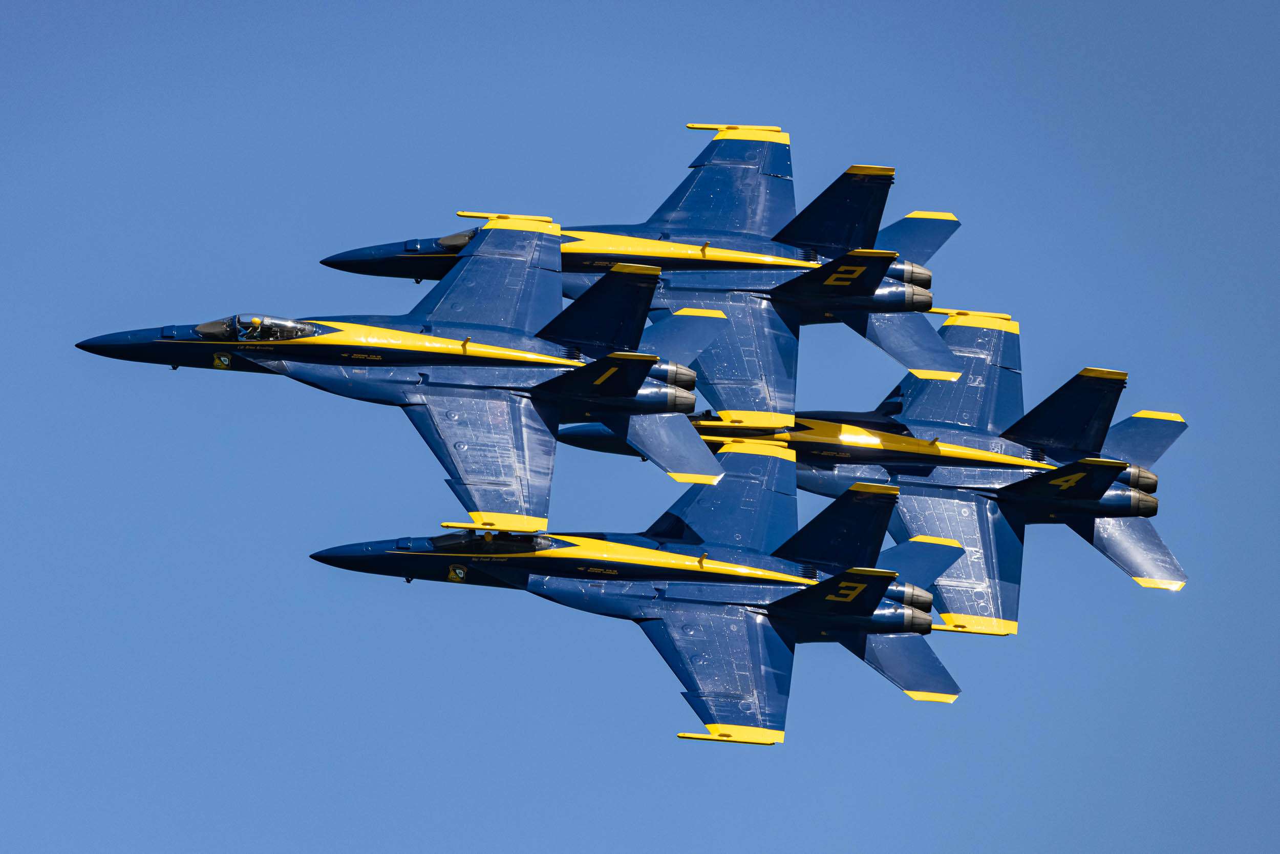 The US Navy Blue Angels flying a tight diamond formation